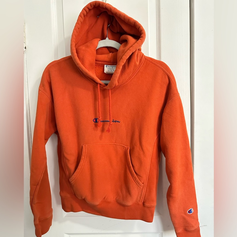 Champion Reverse Weave Hoodie Sweatshirt Orange Womens X-Small Pullover